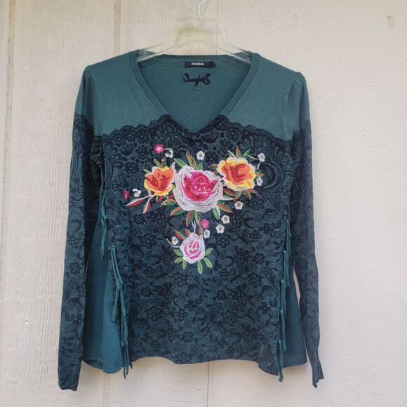 Desigual Blk floral embroidered Manhattan longslv sweater sz s artsy Dark Floral - Picture 1 of 6